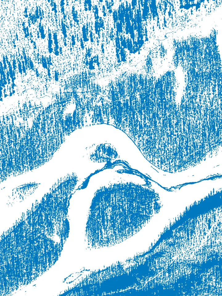 Blue waterways surrounding a white island, drawn by Julia Andersson.